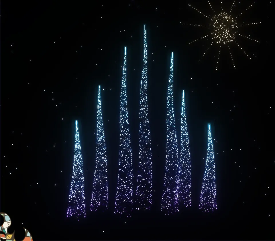 Sagrada Familia spires rendered as luminous data points
